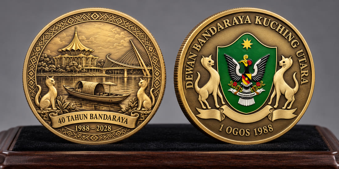 Concept: DBKU 40th city anniversary coin in antique gold, Sarawak River with cats on the front, DBKU crest on the back