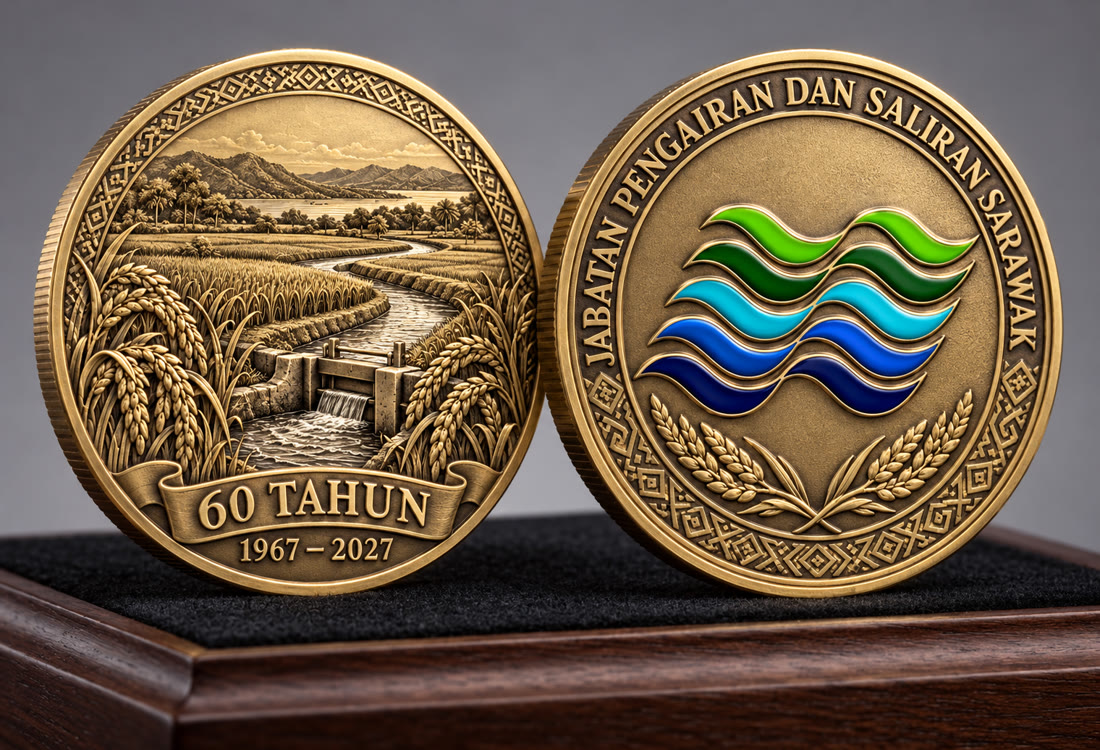 Concept: JPS Sarawak 60th anniversary coin in antique gold, paddy fields and irrigation canal on the front, JPS logo on the back