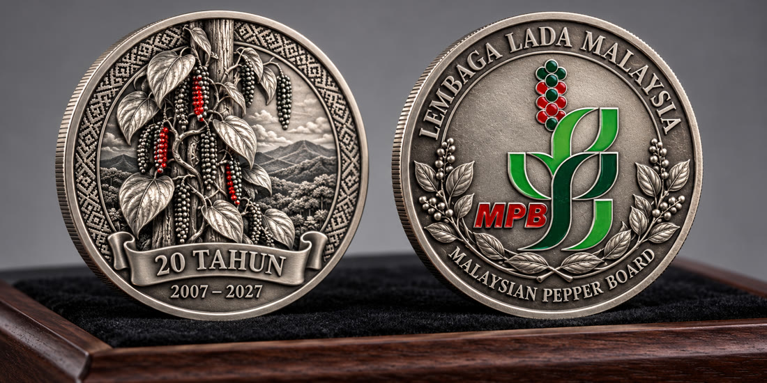 Concept: Malaysian Pepper Board 20th anniversary coin in antique silver, pepper vine on the front, MPB logo on the back