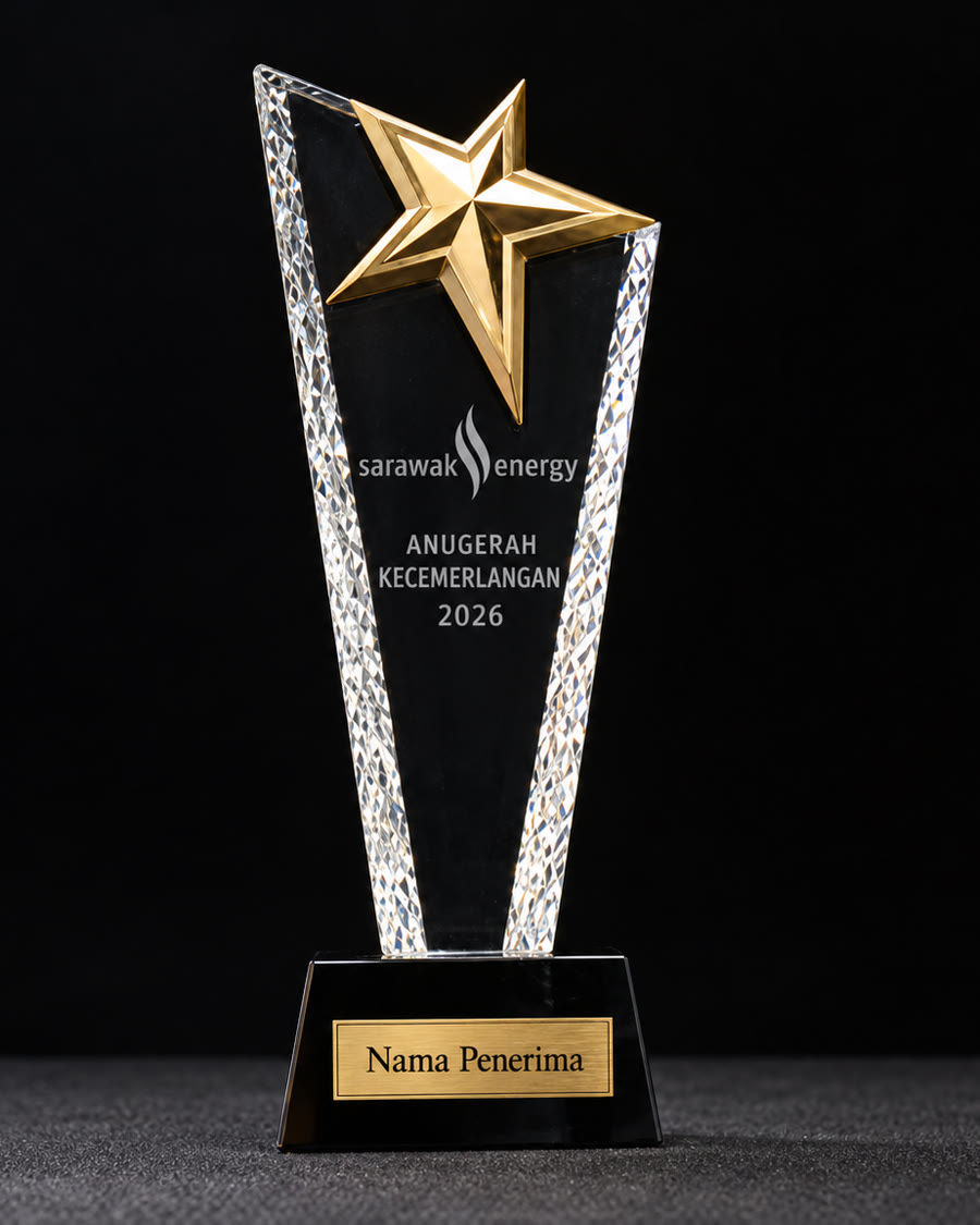 Crystal star award laser-engraved with the Sarawak Energy logo