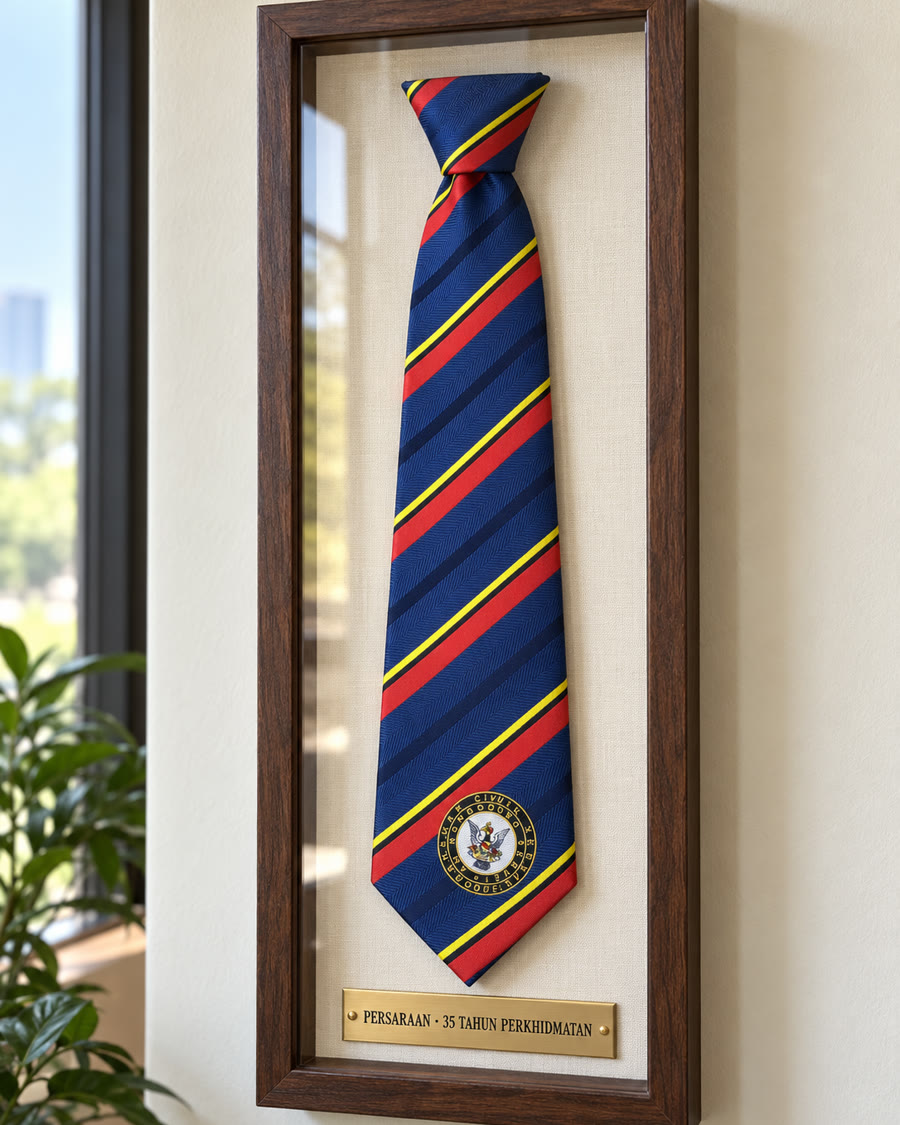 Sarawak Civil Service crest tie framed in a walnut shadow box with a brass retirement plate