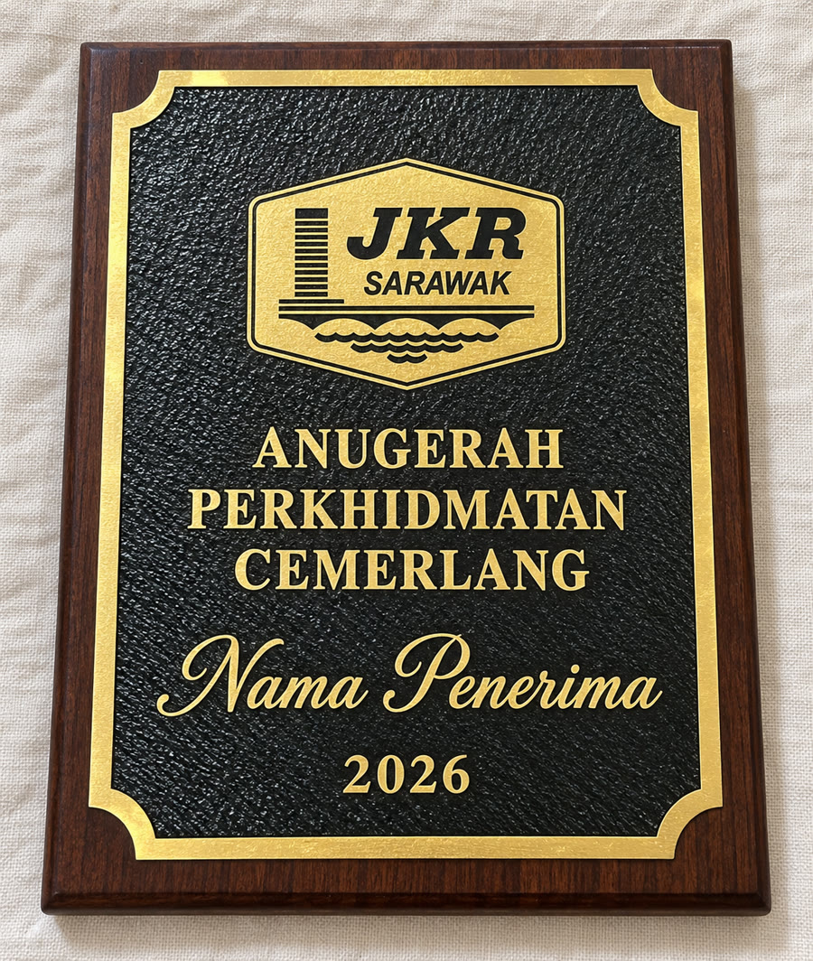 Walnut plaque with an etched brass plate and the JKR Sarawak logo