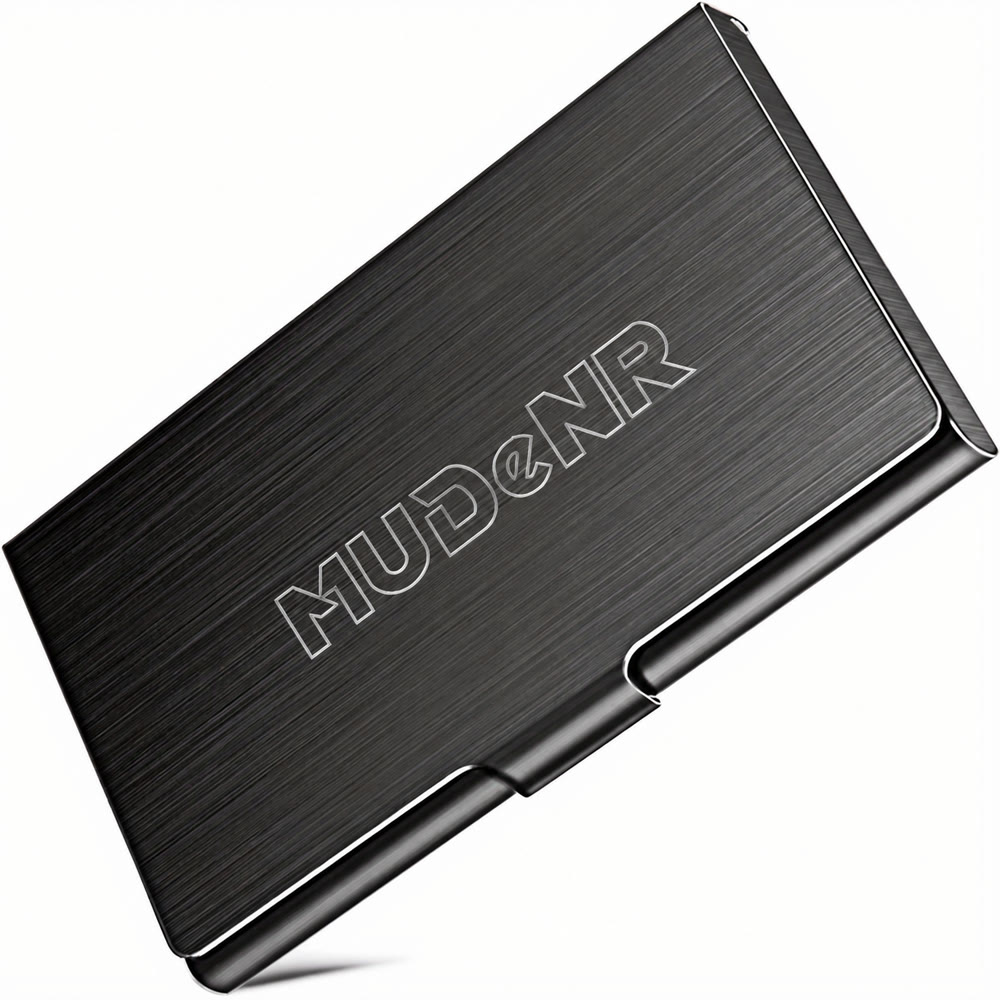 Gunmetal business card case laser-engraved with MUDeNR