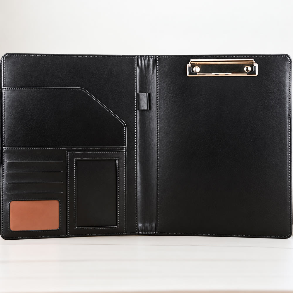 Open black A4 padfolio with clipboard, card slots and pen loop