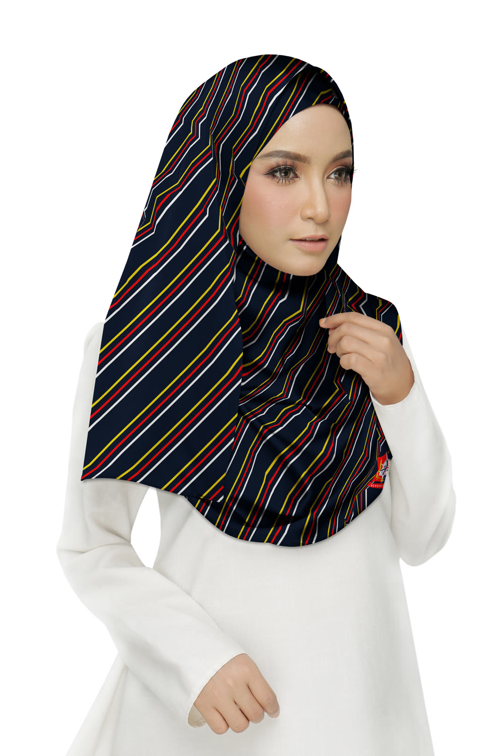 Majlis Daerah Sri Aman striped tudung, worn