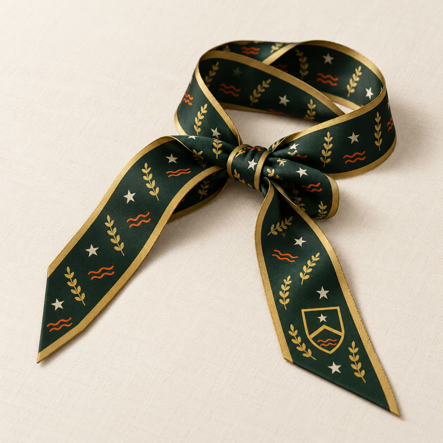 Deep green skinny silk scarf with a gold crest